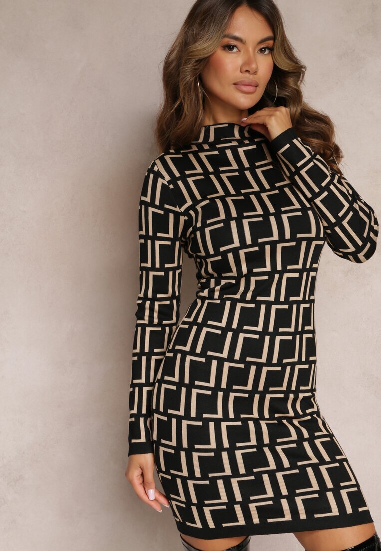 Rochie Mini Neagră Tip Pulover Cu Model Geometric Minametta