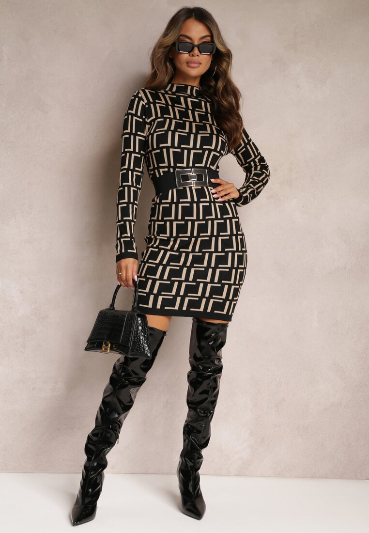 Rochie Mini Neagră Tip Pulover Cu Model Geometric Minametta