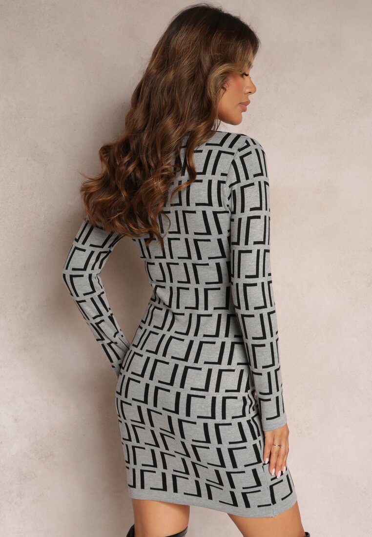Szara Mini Sweterkowa Sukienka o Dopasowanym Fasonie z Geometrycznym Wzorem Minametta