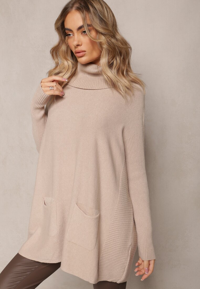 Beżowy Sweter Golf z Kieszeniami i Szerokim Golfem Aboio