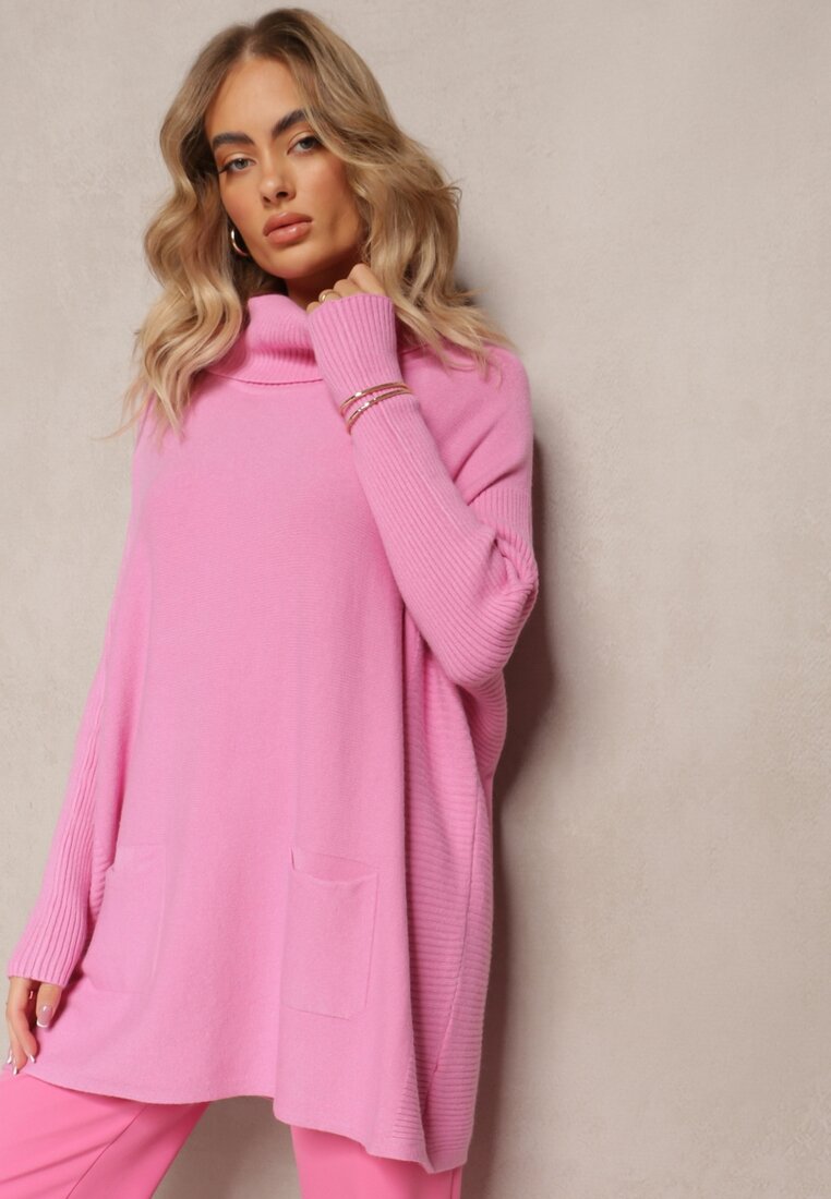 Różowy Sweter Golf z Kieszeniami i Szerokim Golfem Aboio