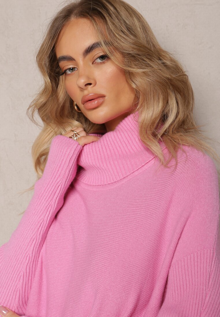Różowy Sweter Golf z Kieszeniami i Szerokim Golfem Aboio