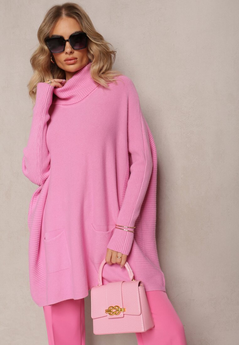 Różowy Sweter Golf z Kieszeniami i Szerokim Golfem Aboio