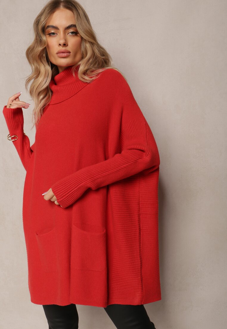 Czerwony Sweter Golf z Kieszeniami i Szerokim Golfem Aboio