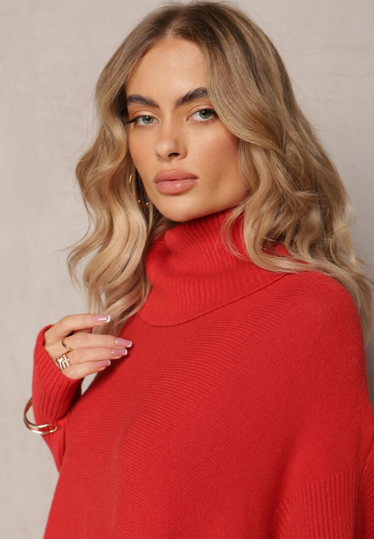 Czerwony Sweter Golf z Kieszeniami i Szerokim Golfem Aboio