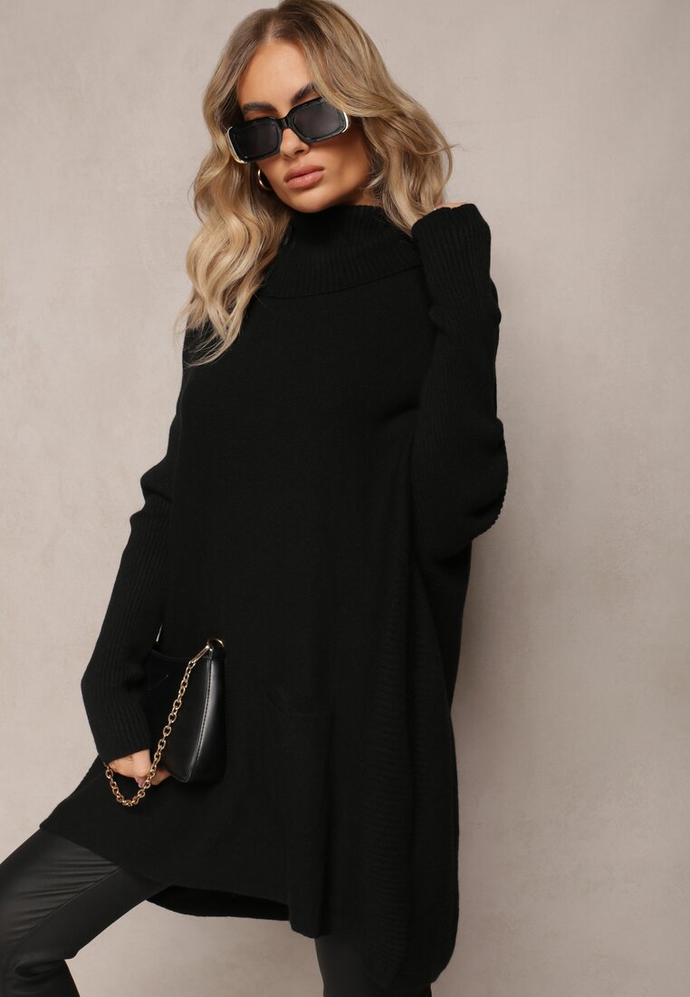 Czarny Sweter Golf z Kieszeniami i Szerokim Golfem Aboio