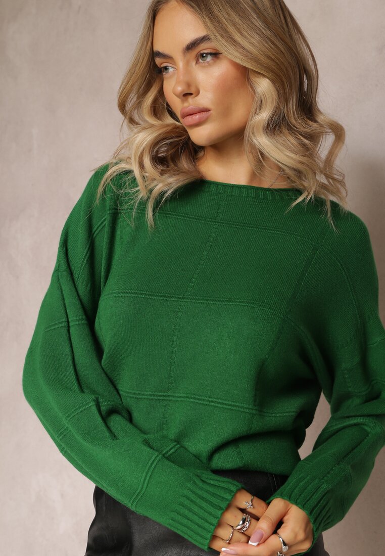 Zielony Klasyczny Sweter z Długim Rękawem Nemiona