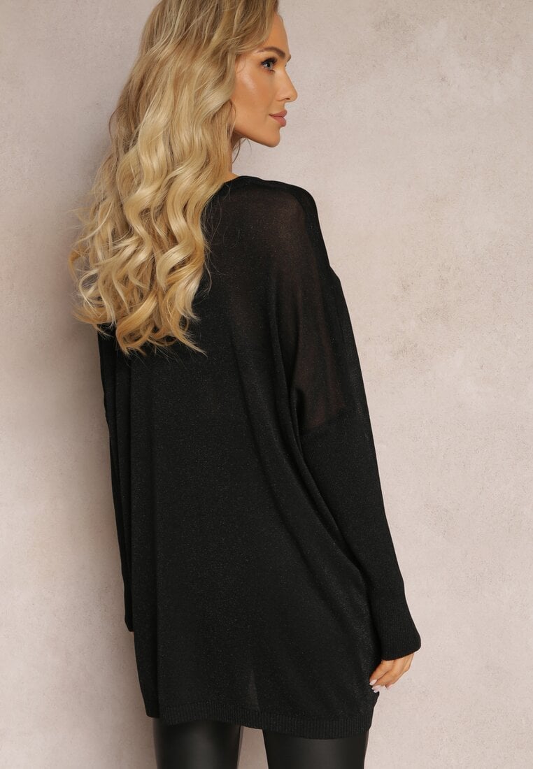 Czarny Sweter Oversize z Delikatną Złotą Nitką Felhana