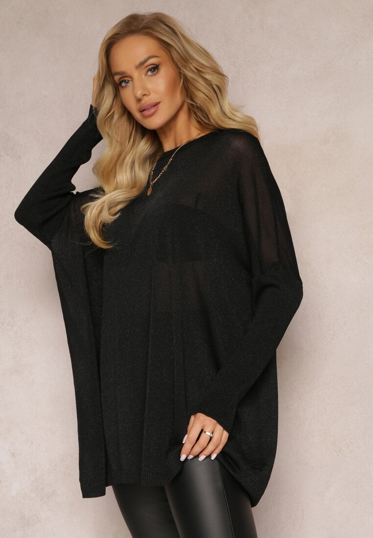 Czarny Sweter Oversize z Delikatną Złotą Nitką Felhana