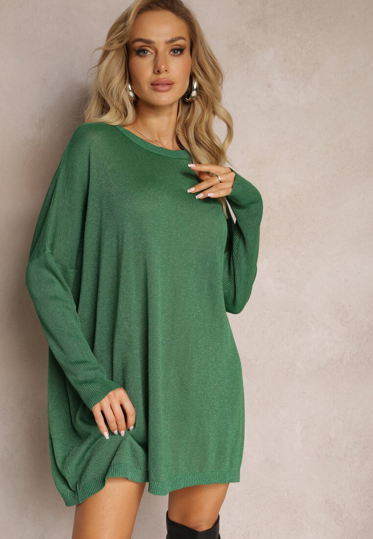 Zielony Sweter Oversize z Delikatną Złotą Nitką Felhana
