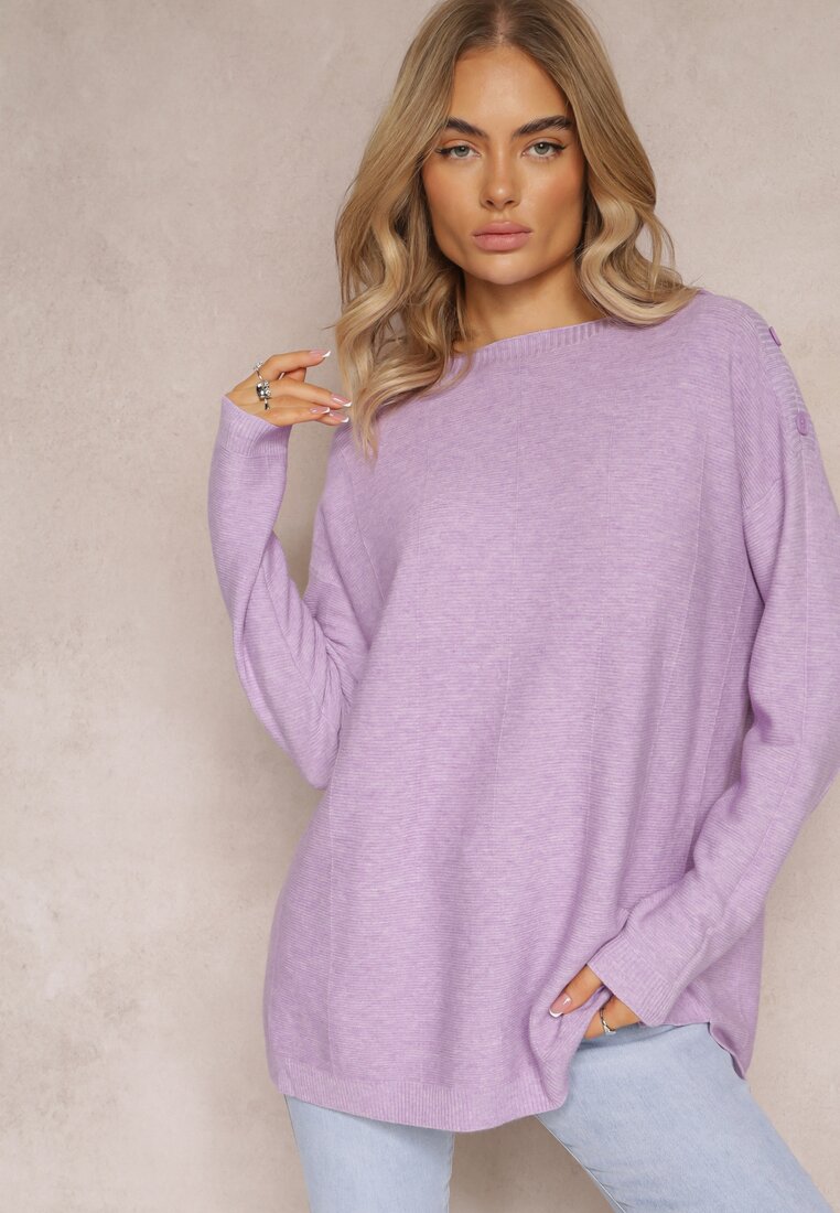 Fioletowy Sweter z Ozdobnymi Guzikami i Rękawami Typu Nietoperz Faiose