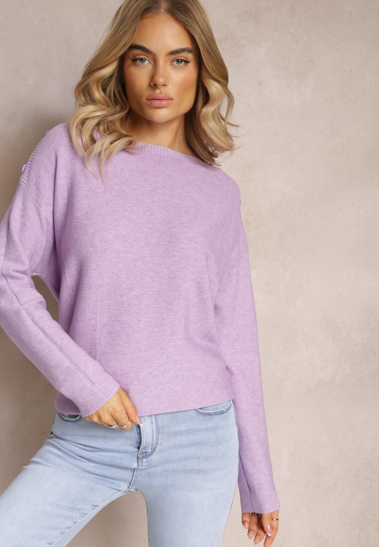 Fioletowy Sweter z Ozdobnymi Guzikami i Rękawami Typu Nietoperz Faiose