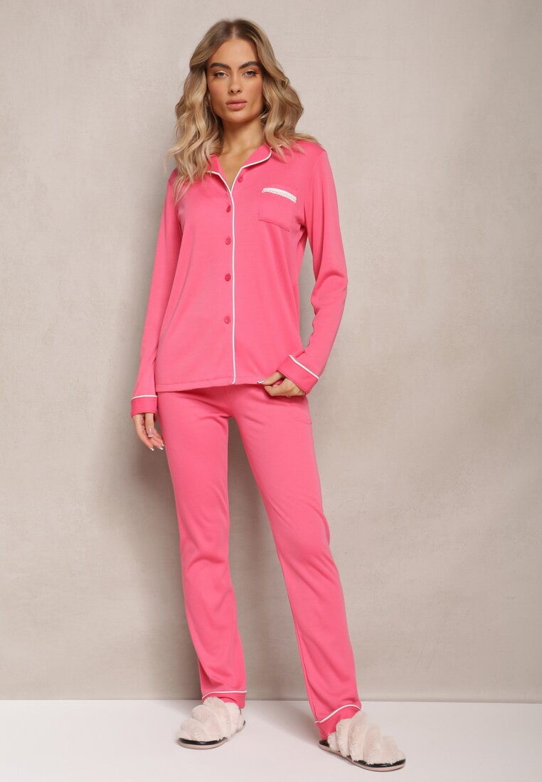 Set Pijama Bumbac Fucsia din 2 Piese cu Finisaj Polar Bluză cu Nasturi și Pantaloni cu Elastic în Talie Devitri