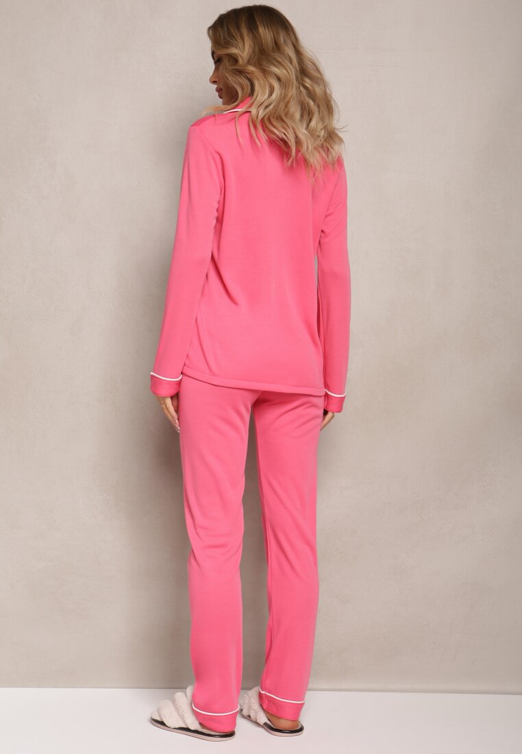 Set Pijama Bumbac Fucsia din 2 Piese cu Finisaj Polar Bluză cu Nasturi și Pantaloni cu Elastic în Talie Devitri