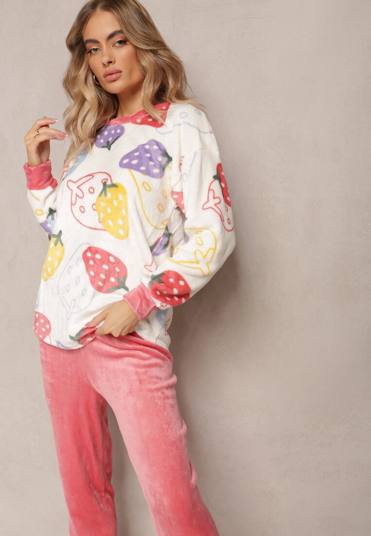 Różowy Komplet Piżamowy Longsleeve z Nadrukiem i Spodnie Gustava