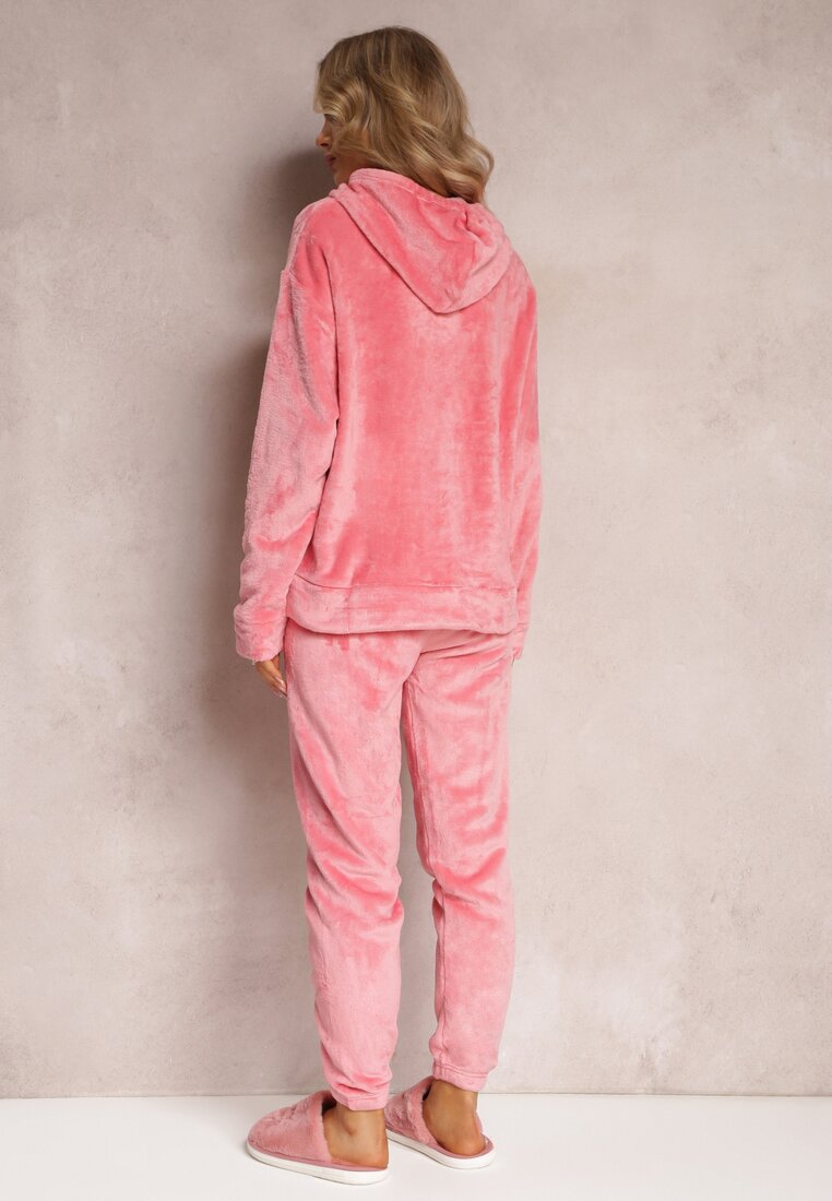 Różowy 2-częściowy Pluszowy Komplet Piżamowy z Bluzą Kangurką i Spodniami Jogger Vegame