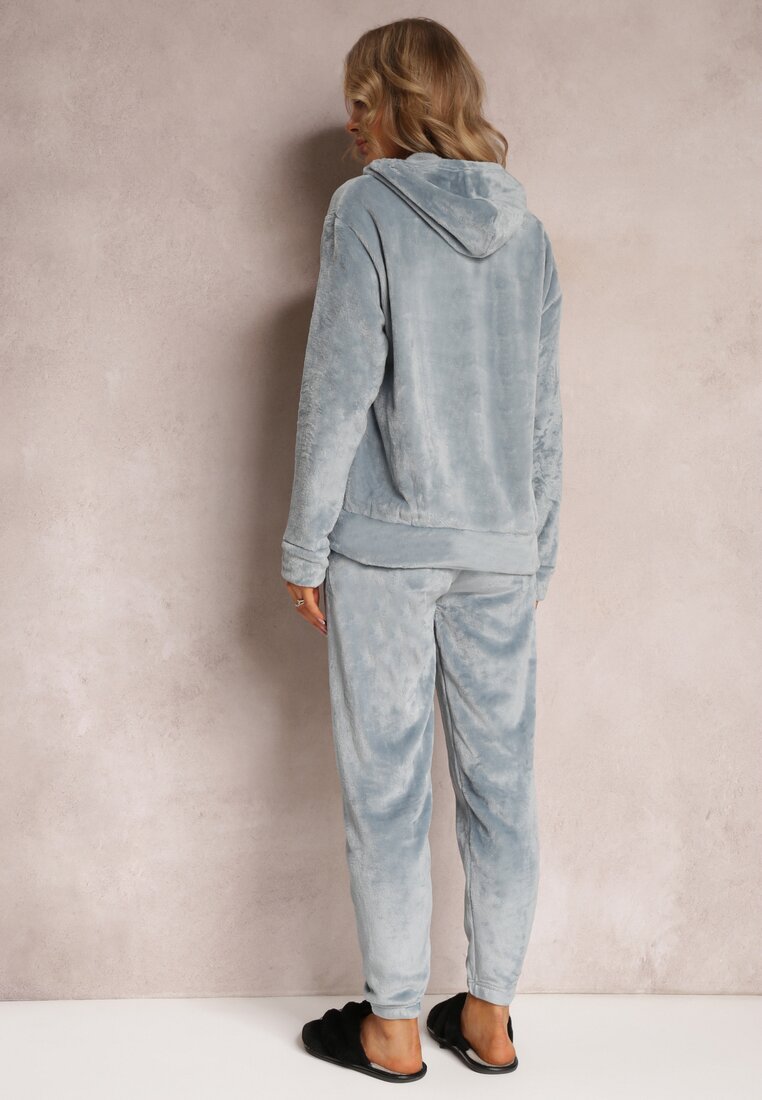 Szary 2-częściowy Pluszowy Komplet Piżamowy z Bluzą Kangurką i Spodniami Jogger Vegame