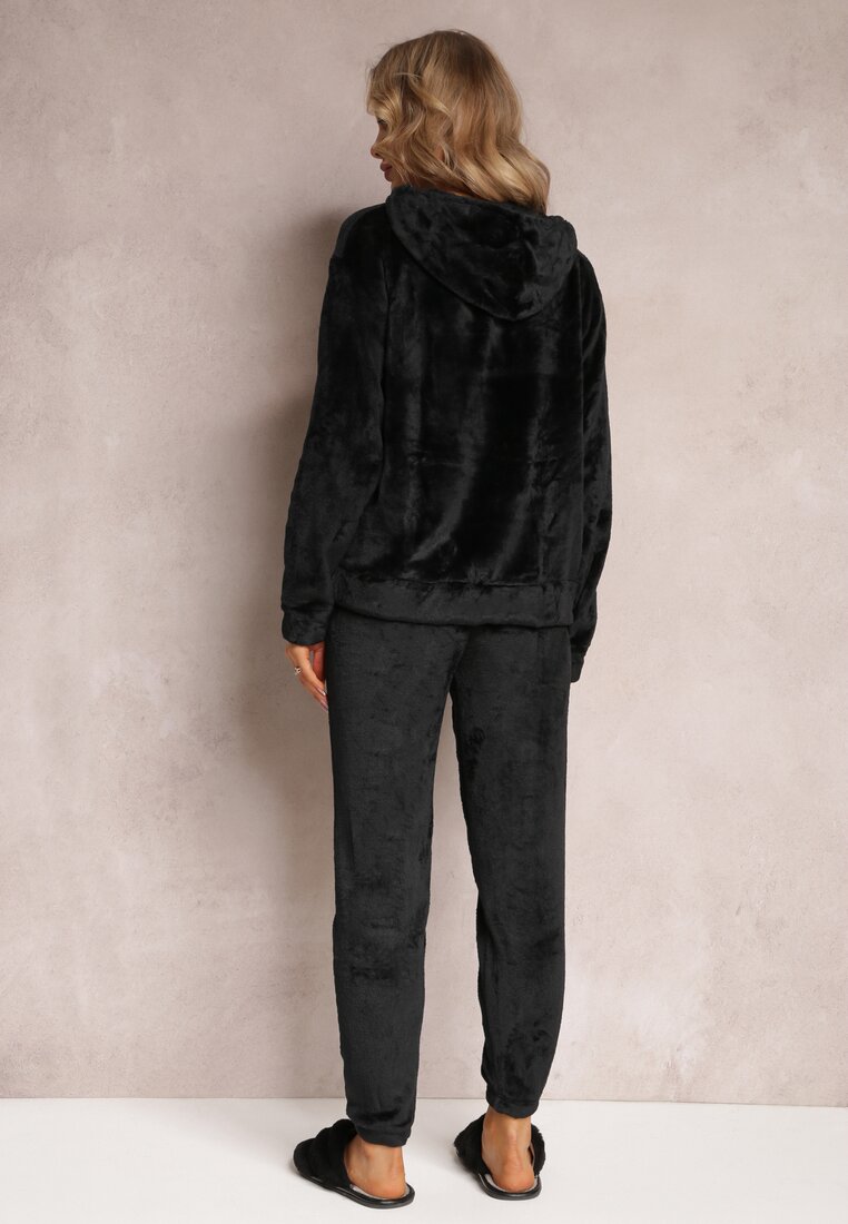 Czarny 2-częściowy Pluszowy Komplet Piżamowy z Bluzą Kangurką i Spodniami Jogger Vegame
