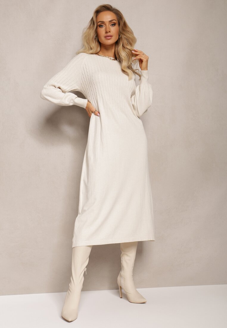 Rochie midi bej deschis cu dungi din material tricotat Xabia