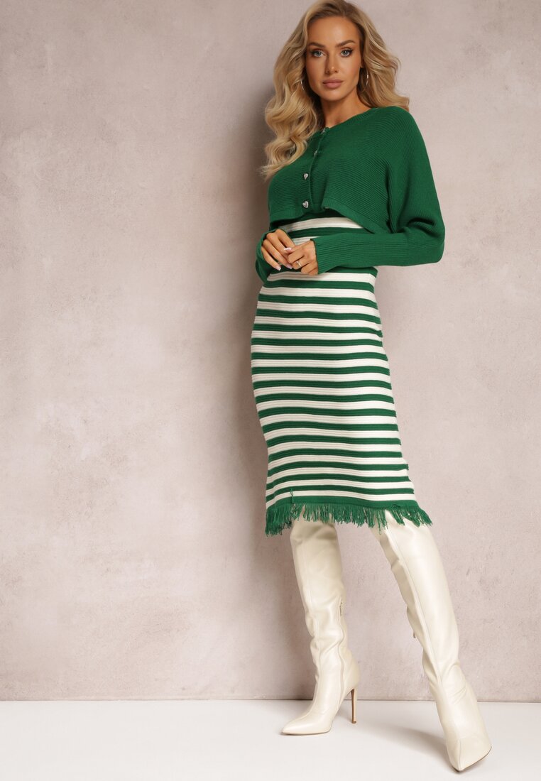 Zielony Komplet 2-Częściowy Sukienka w Paski i Kardigan Krótki na Guziki Orivela