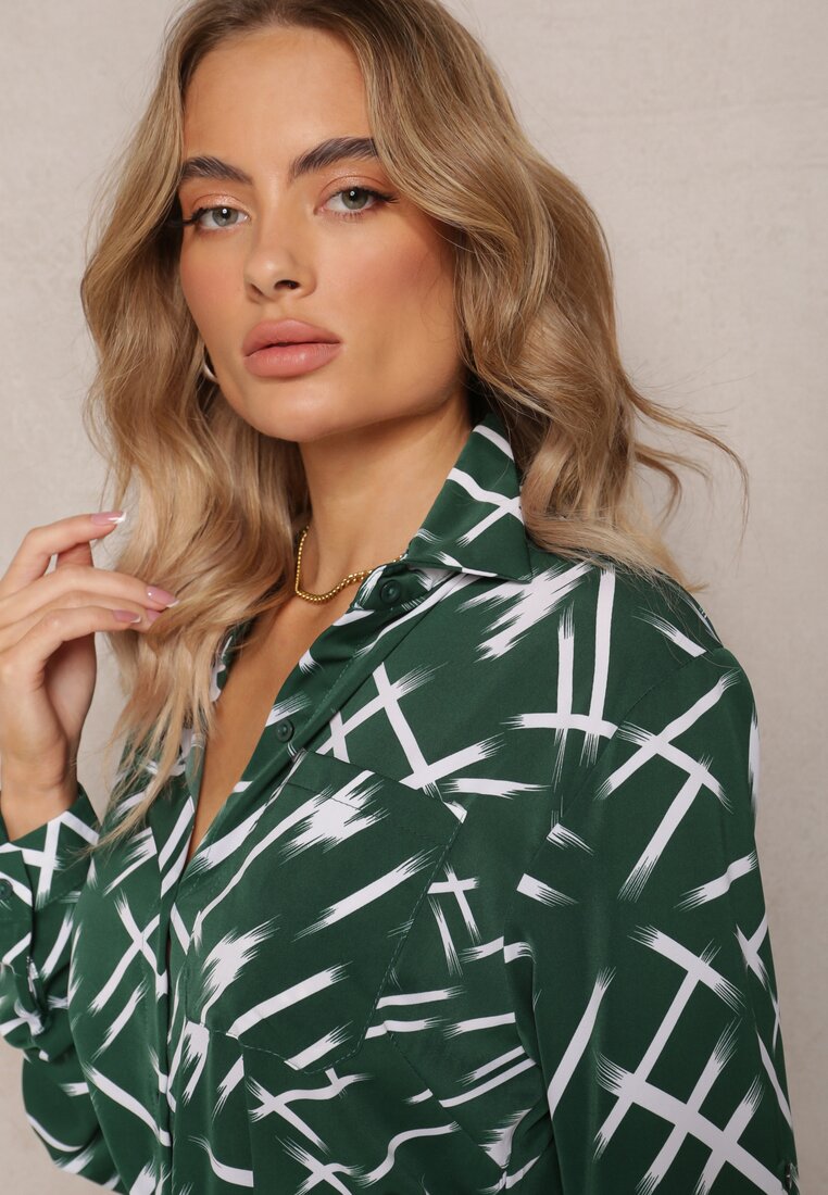 Zielona Koszulowa Sukienka Wiązana w Talii w Abstrakcyjne Paski Azrakes