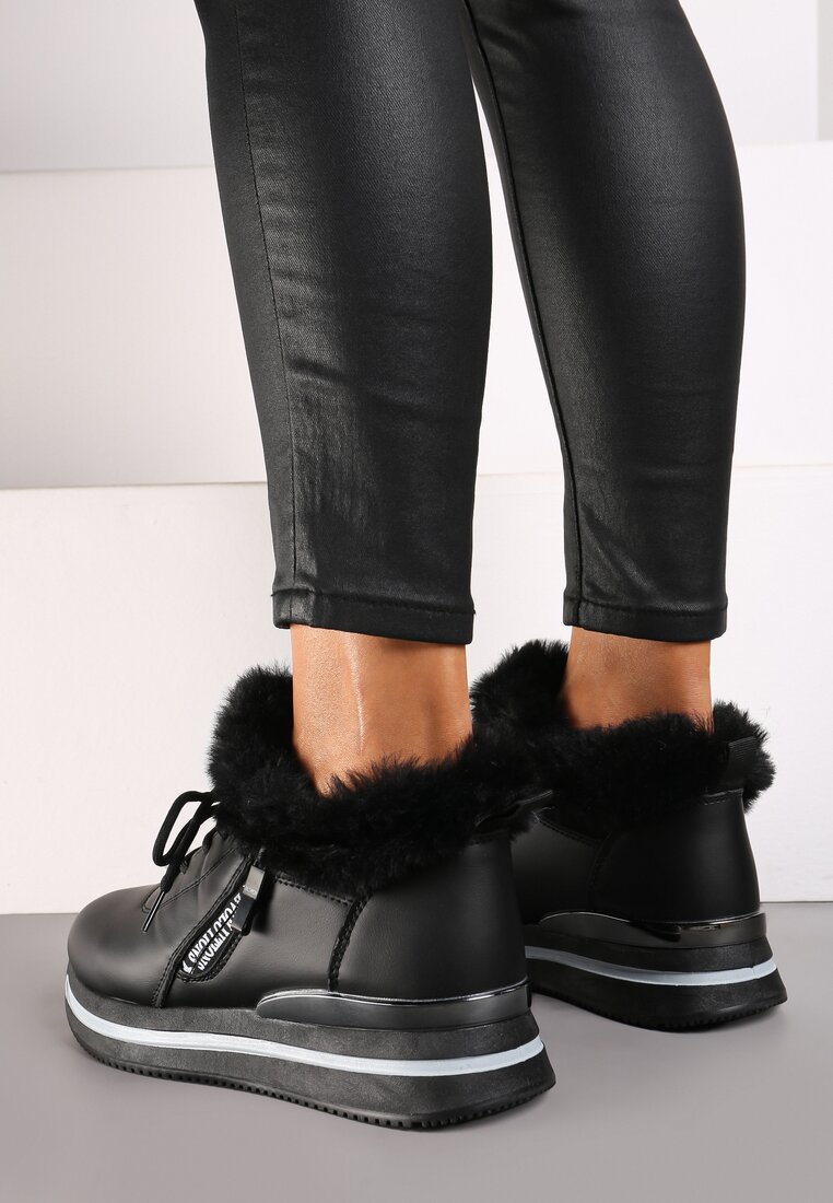 Ghete Sneakers negre cu șireturi și blană Gameda de la