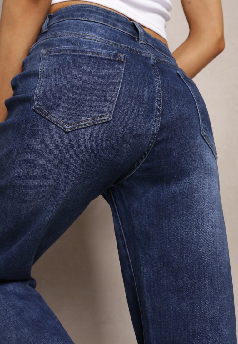 Niebieskie Szerokie Jeansy z Postrzępionymi Nogawkami Orimske