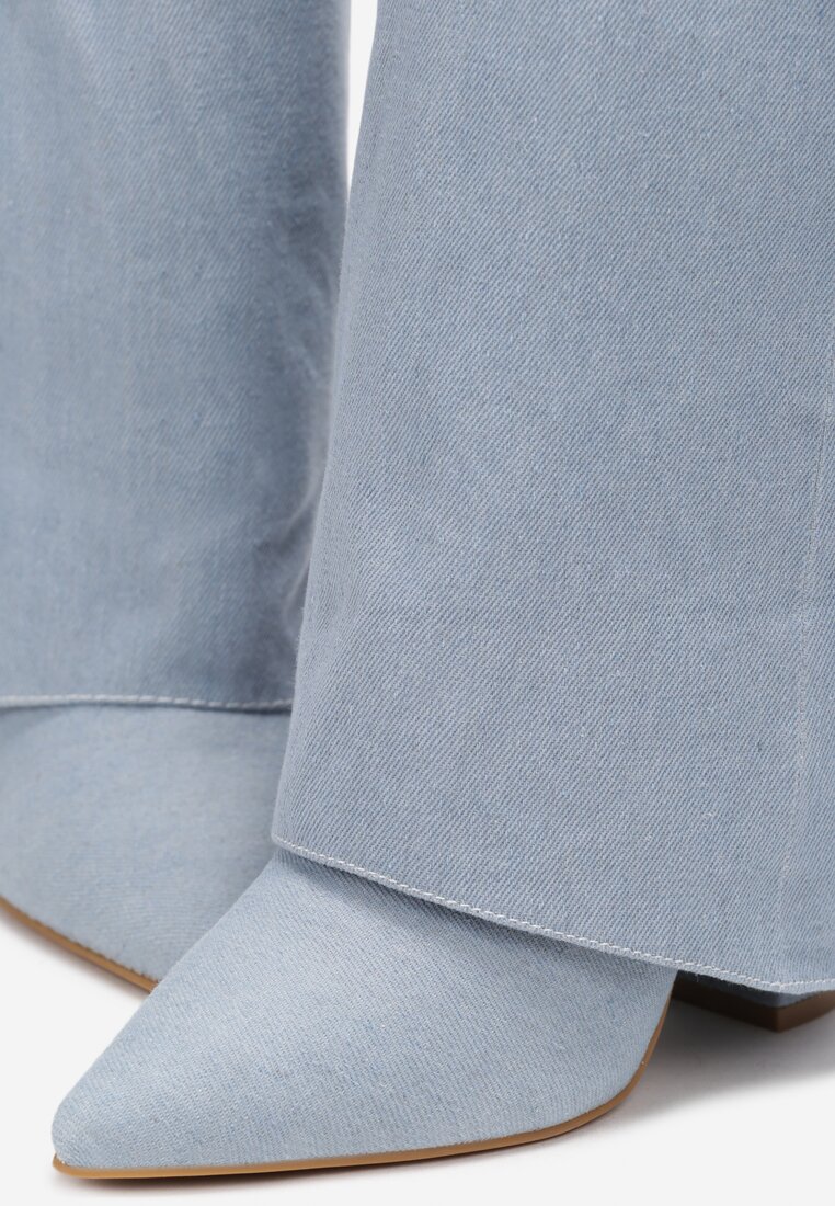 Niebieskie Jeansowe Kozaki na Obcasie z Modnie Wywiniętą Cholewką Nartani