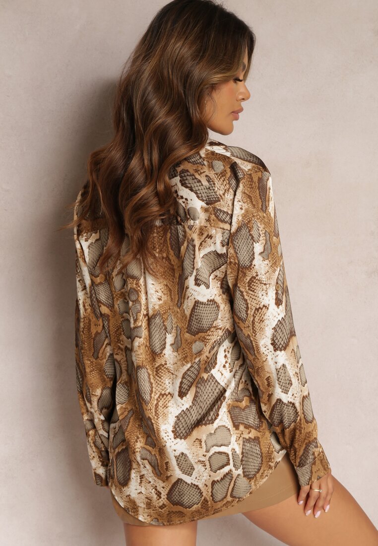 Brązowo-Beżowa Koszula na Guziki w Wężowy Print Moccata