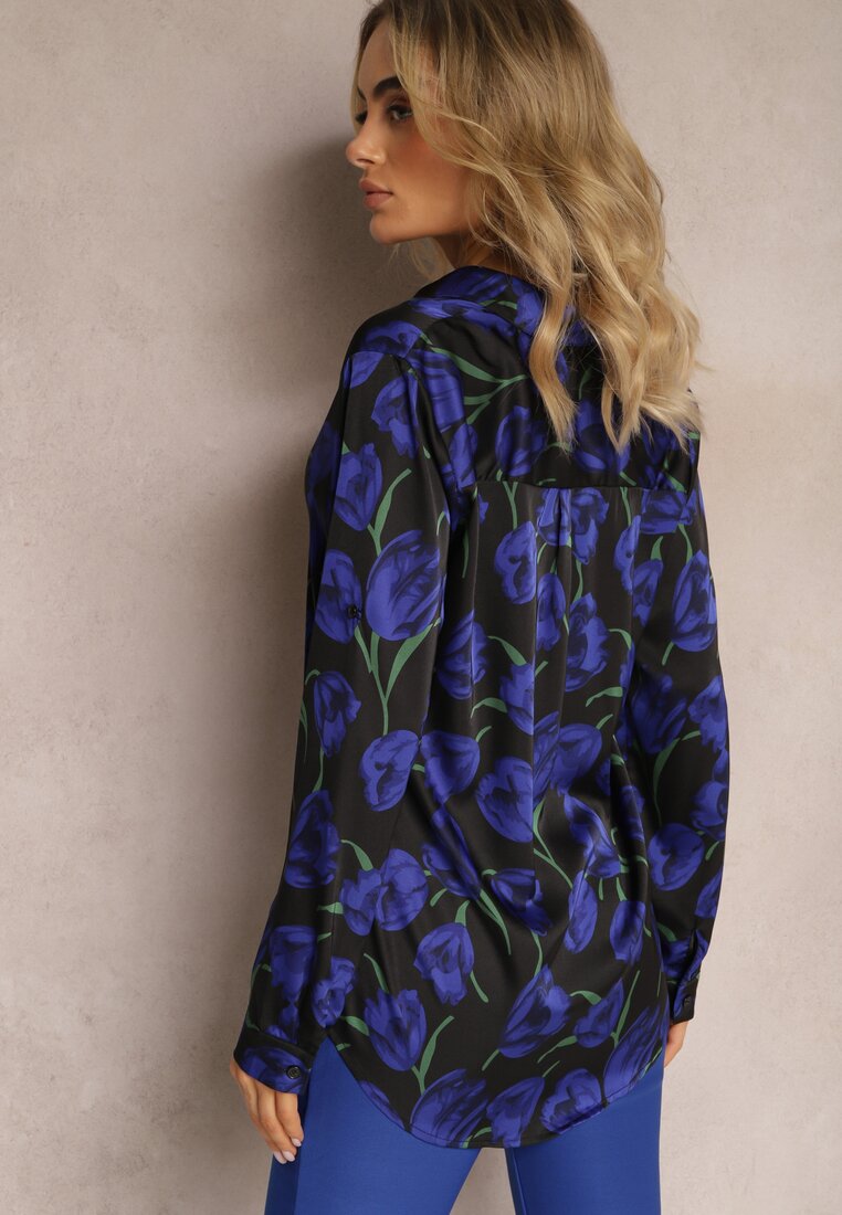 Niebiesko-Czarna Koszula Zapinana w Kwiaty Boxala