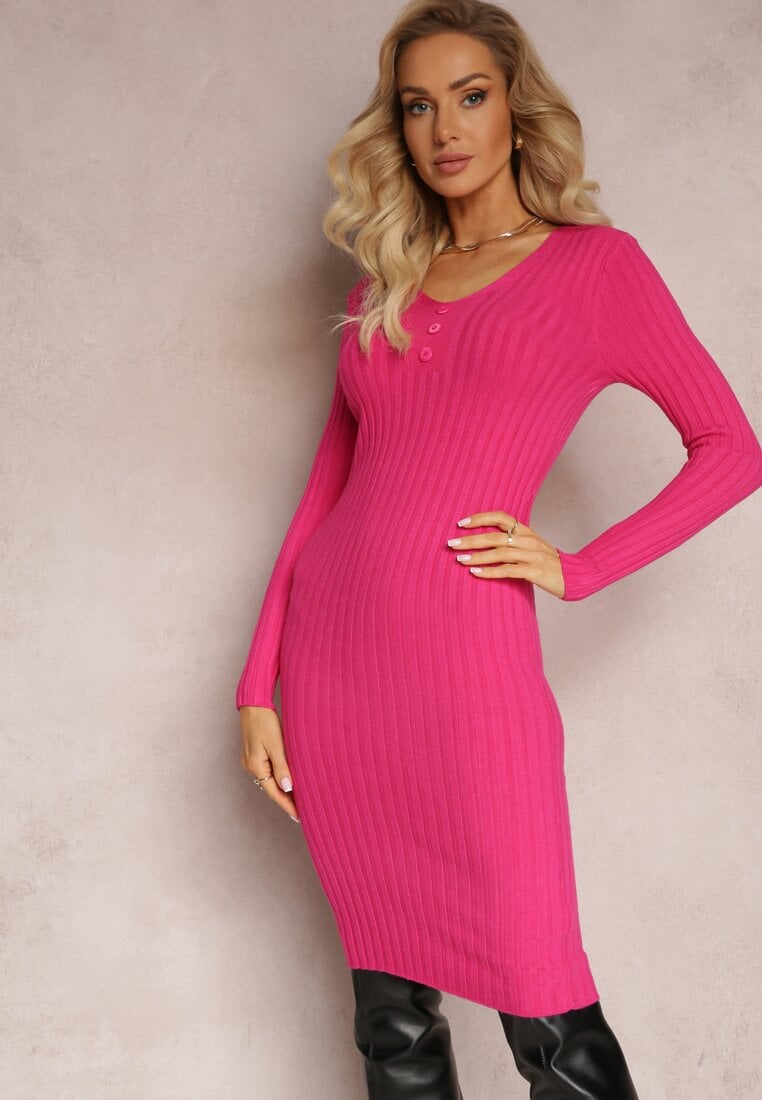 Rochie Tricotată Fucsia Cambrată cu Curea Greviana