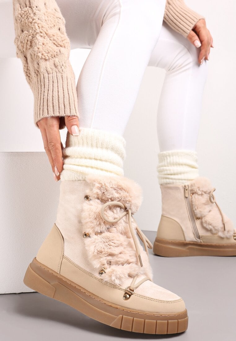 Cizme de zapada bej cu captuseala groasa si blană pe lângă sireturi Avivina