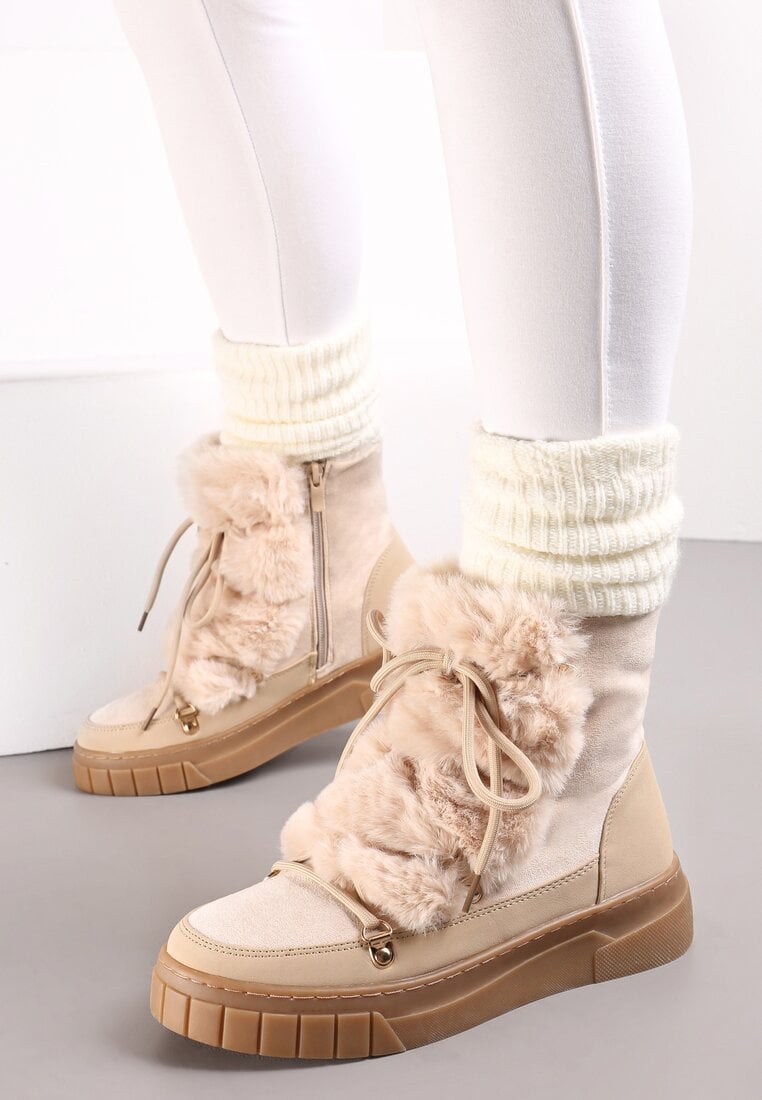 Cizme de zapada bej cu captuseala groasa si blană pe lângă sireturi Avivina