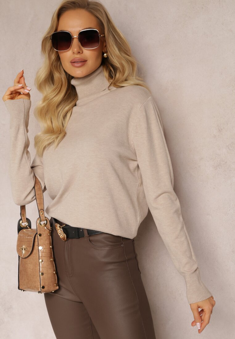 Beżowy Sweter Golf o Dopasowanym Fasonie z Wiskozą Nalexa