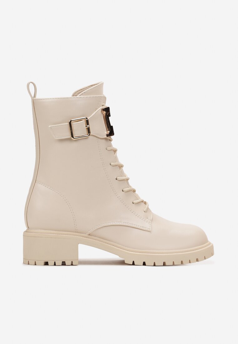 Beżowe Botki Workery Udekorowane Szerokim Paskiem z Klamrą Klonnte