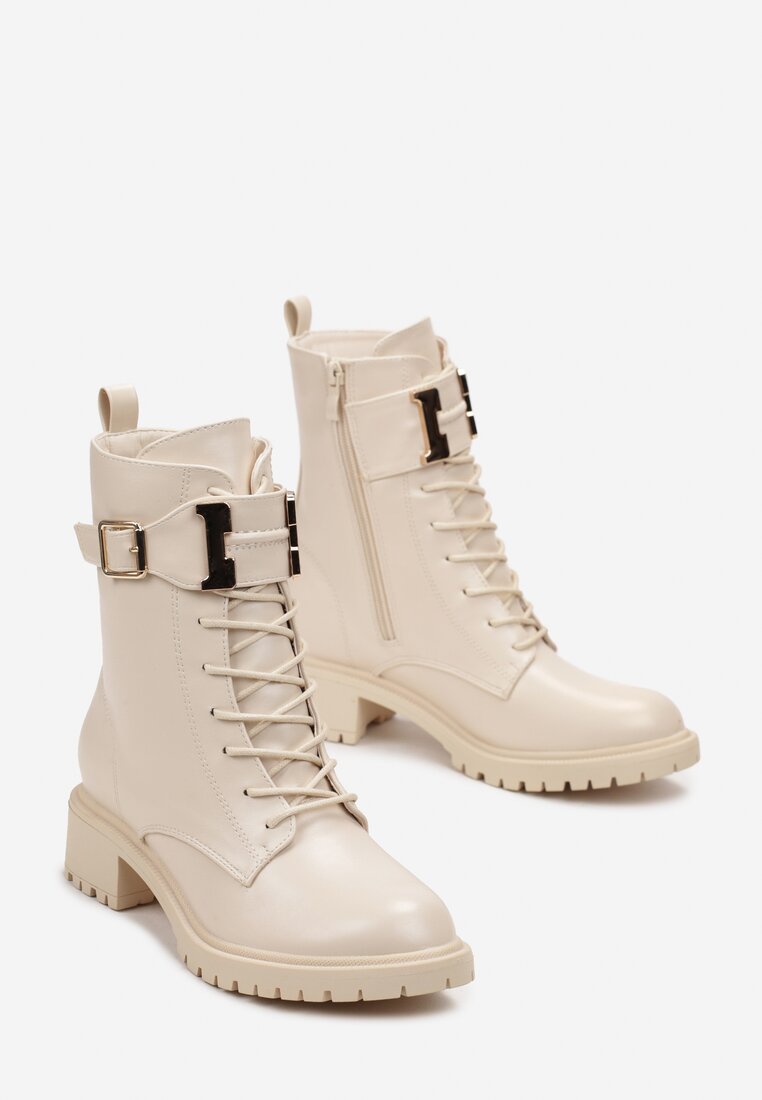 Beżowe Botki Workery Udekorowane Szerokim Paskiem z Klamrą Klonnte