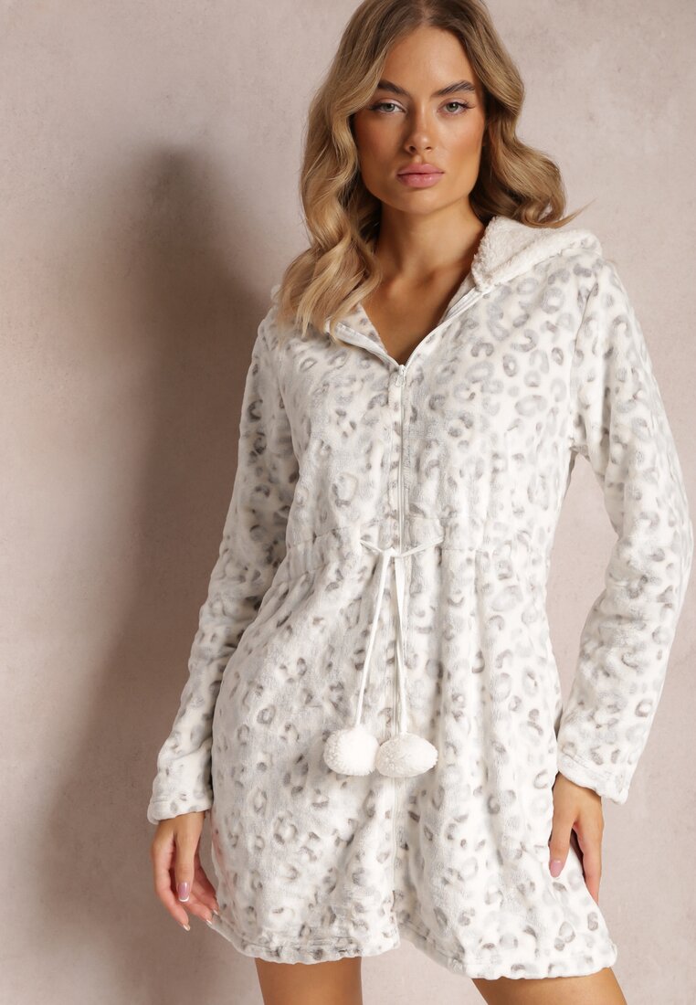 Gri deschis Halat din Tricot pufos cu Buline cu Pompoane și Glugă Aalid