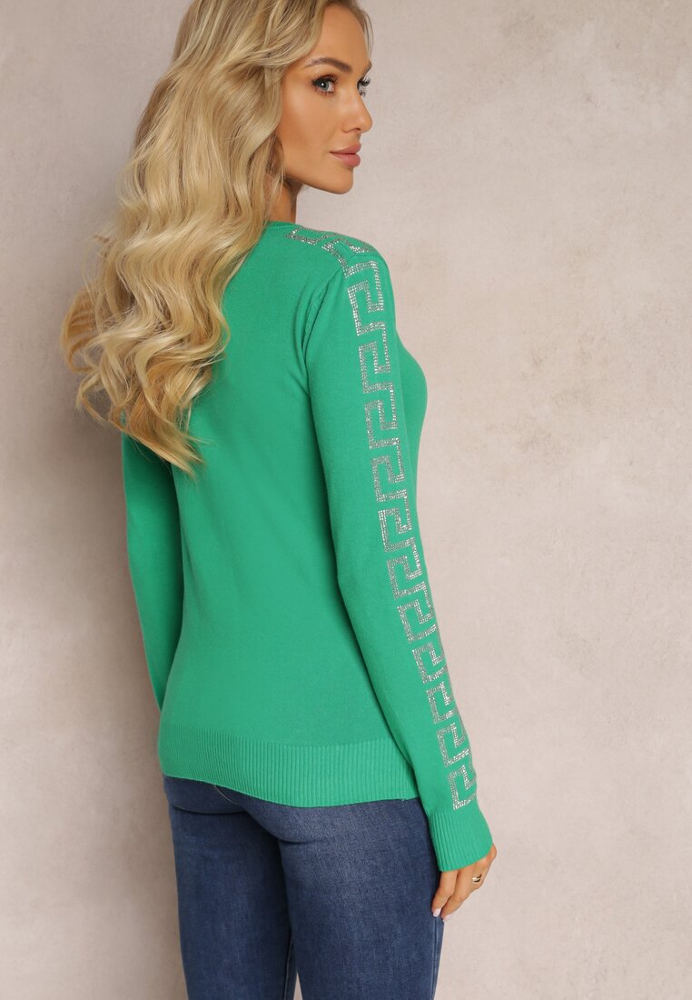 Zielony Sweter z Geometrycznym Wzorem z Cyrkonii z Moherem Carrana