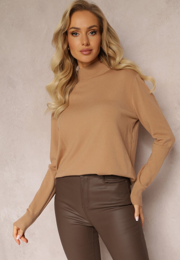 Brązowy Sweter Golf z Wiskozą i Modalem Lamita