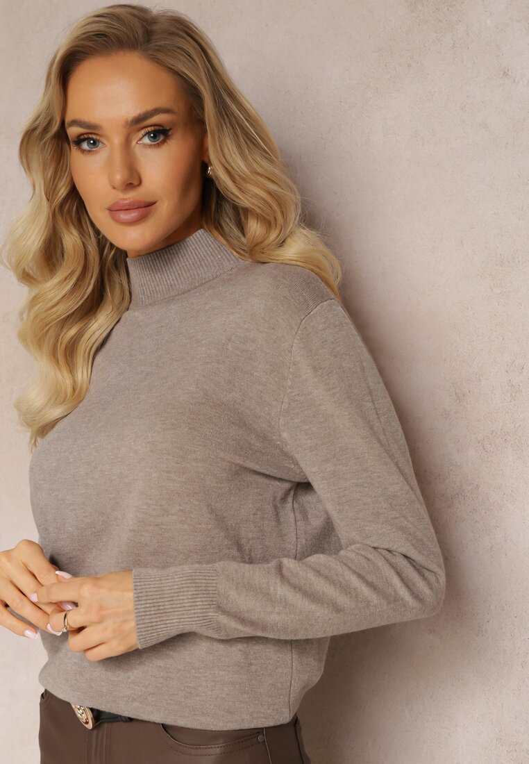 Jasnobrązowy Sweter Golf z Wiskozą i Modalem Lamita
