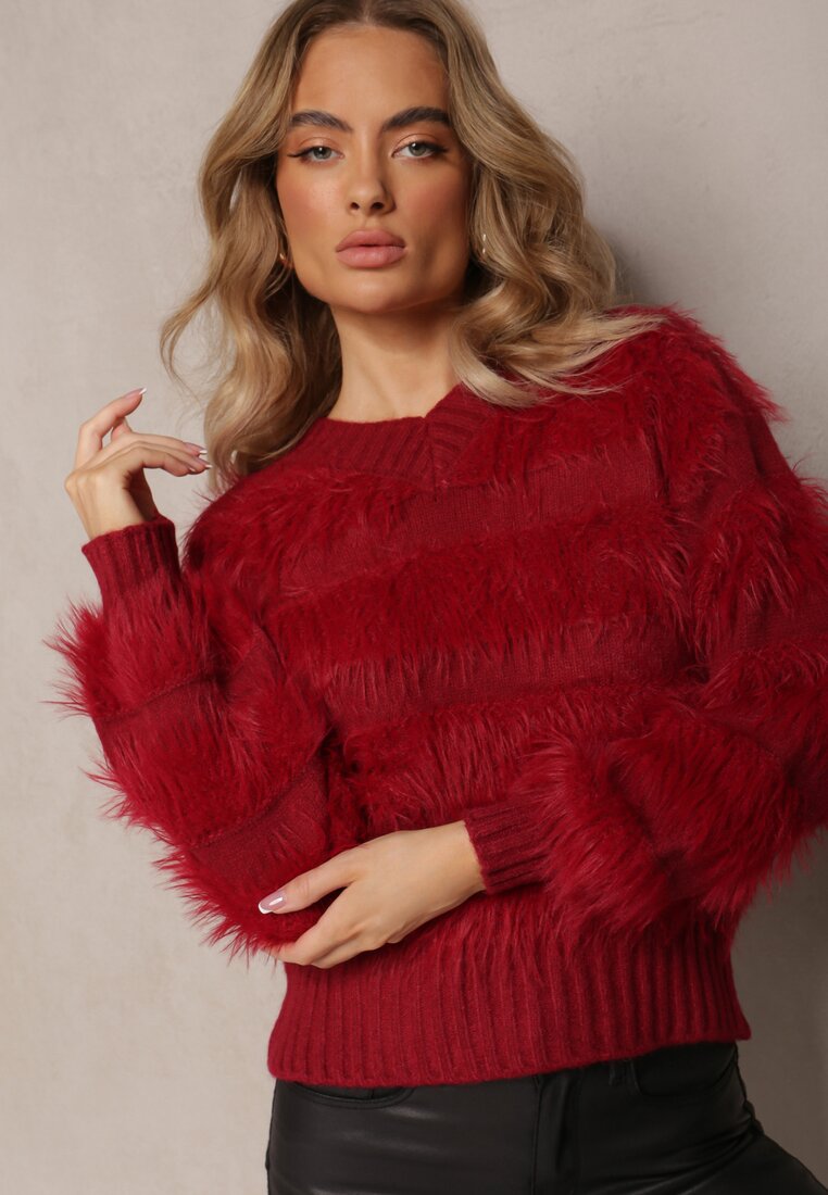 Bordowy Puchaty Sweter z Kaszmirem Nabille