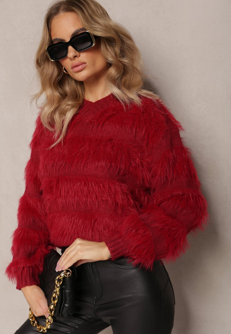 Bordowy Puchaty Sweter z Kaszmirem Nabille
