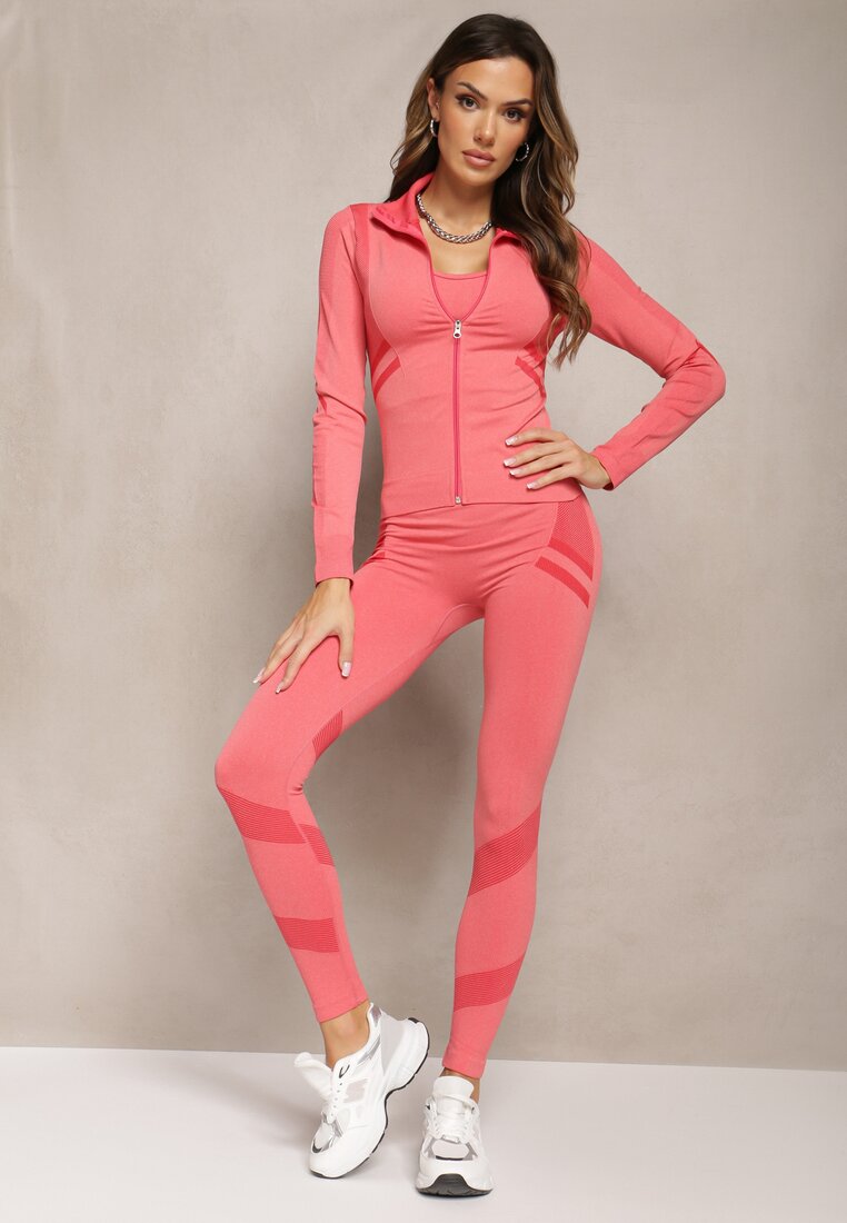 Ciemnoróżowy 3-częściowy Komplet w Sportowym Stylu Top Bluza i Legginsy Aburre