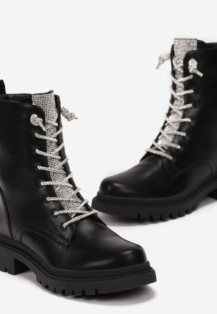 Czarno-Srebrne Botki Workery w Cyrkonie Anunit