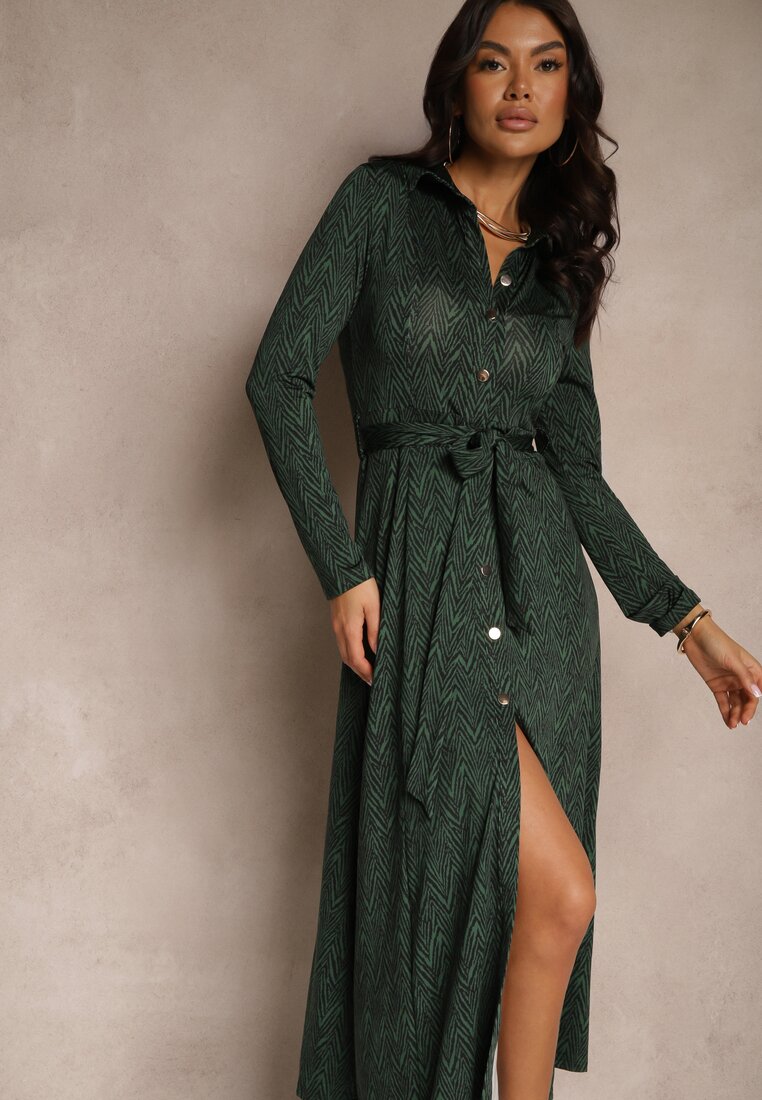 Rochie Cămașă Midi Verde Închis cu Cordon Xudilla