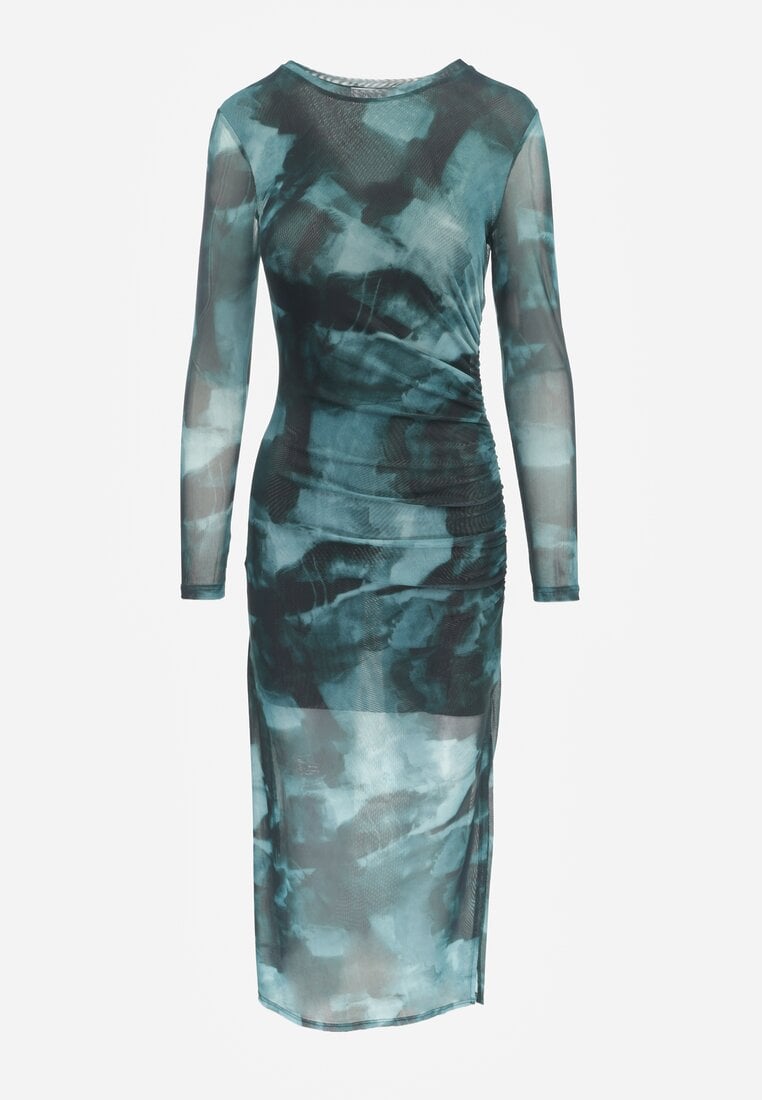 Rochie verde mulată maxi plasă cu crăpătură și încrețitură Soininen