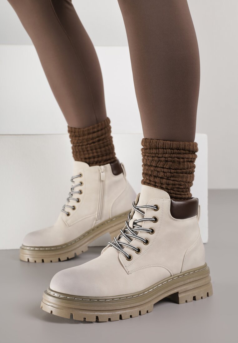 Beżowe Traperki z Ociepleniem i Sznurowaniem Almudena