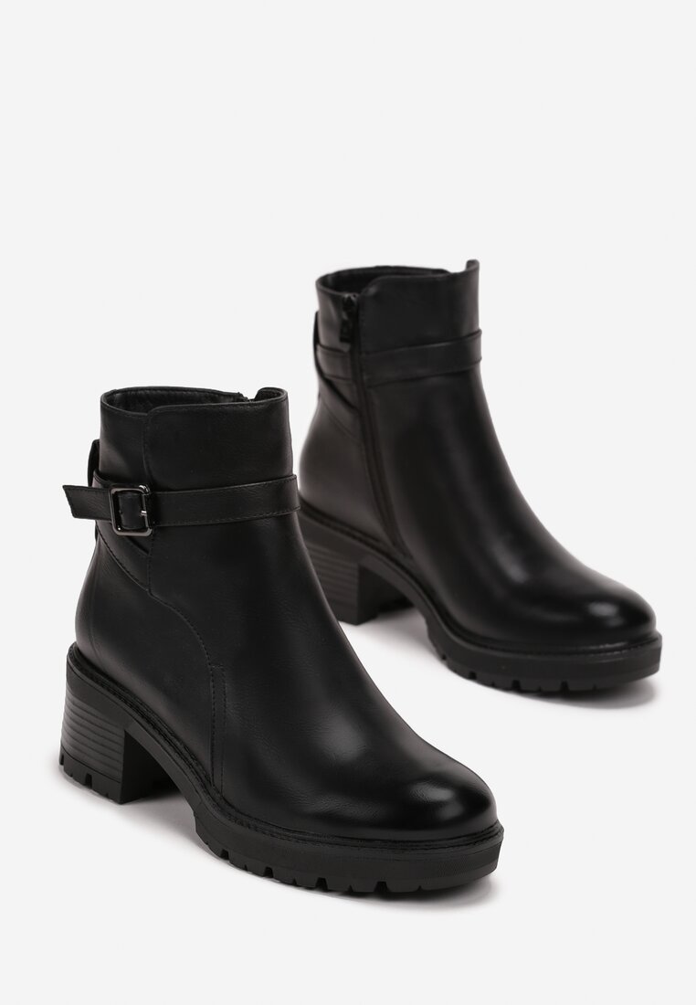 Botine Negre cu Curea cu Cataramă la Gleznă pe Toc Bloc