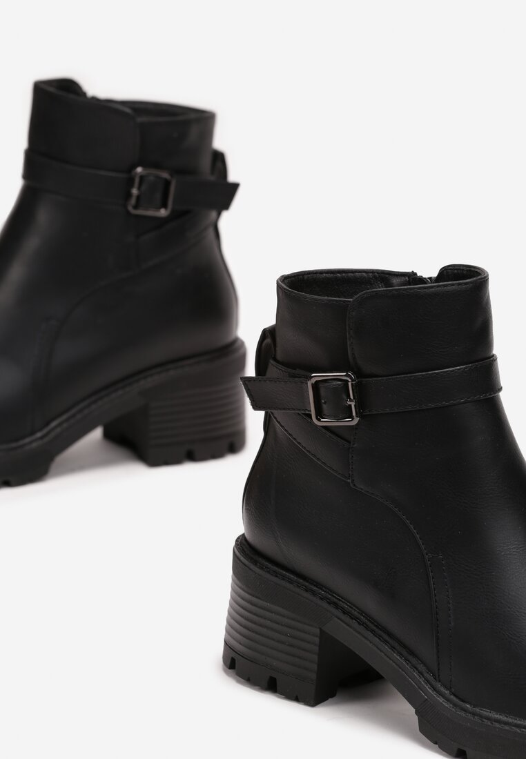 Botine Negre cu Curea cu Cataramă la Gleznă pe Toc Bloc