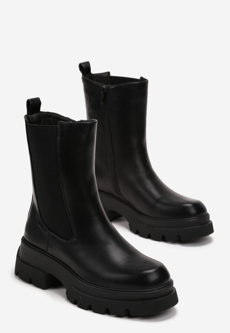 Botine Negre cu Inserție Elastică pe Carâmb și Imprimeu pe Platformă Kisoma